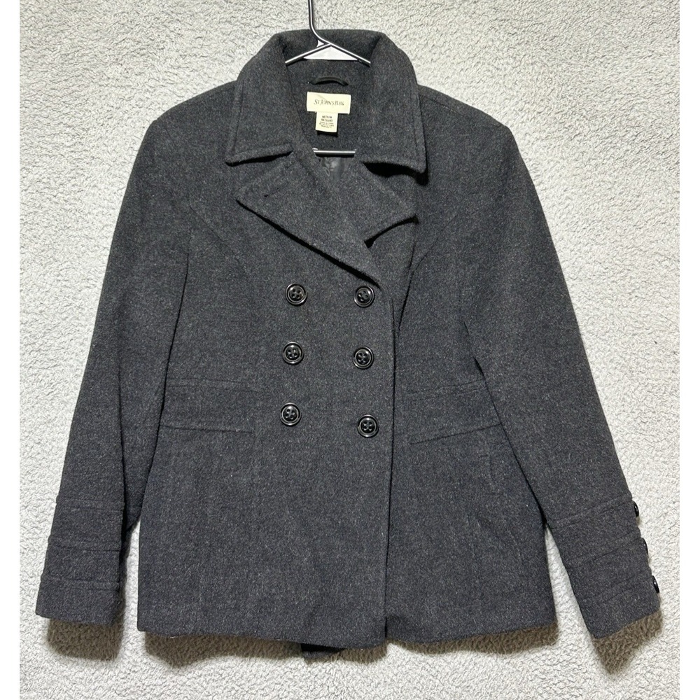 St Johns Bay Pea Coat Womens Medium Gray Wool Cashmere Blend Old Money Jacket